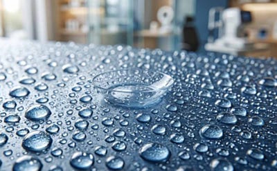 Lentille de contact transparente posée sur une surface recouverte de gouttes d’eau