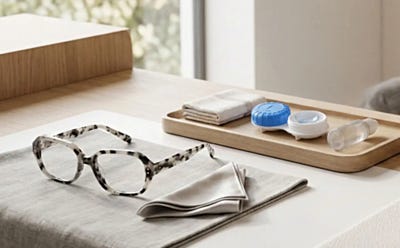 Lunettes de vue et accessoires pour lentilles de contact disposés sur une table