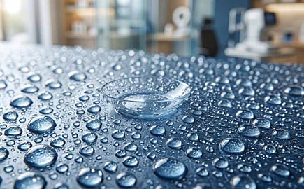 Lentille de contact transparente posée sur une surface recouverte de gouttes d’eau